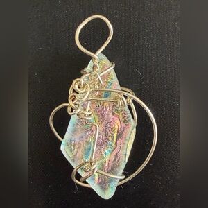 Handcrafted Opalescent Wire-Wrapped Dichroic Glass & Silver Pendant, 1 3/4" drop